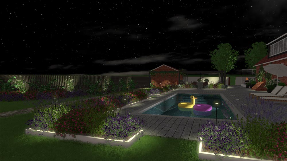 3D-rendering av trädgård med pool.